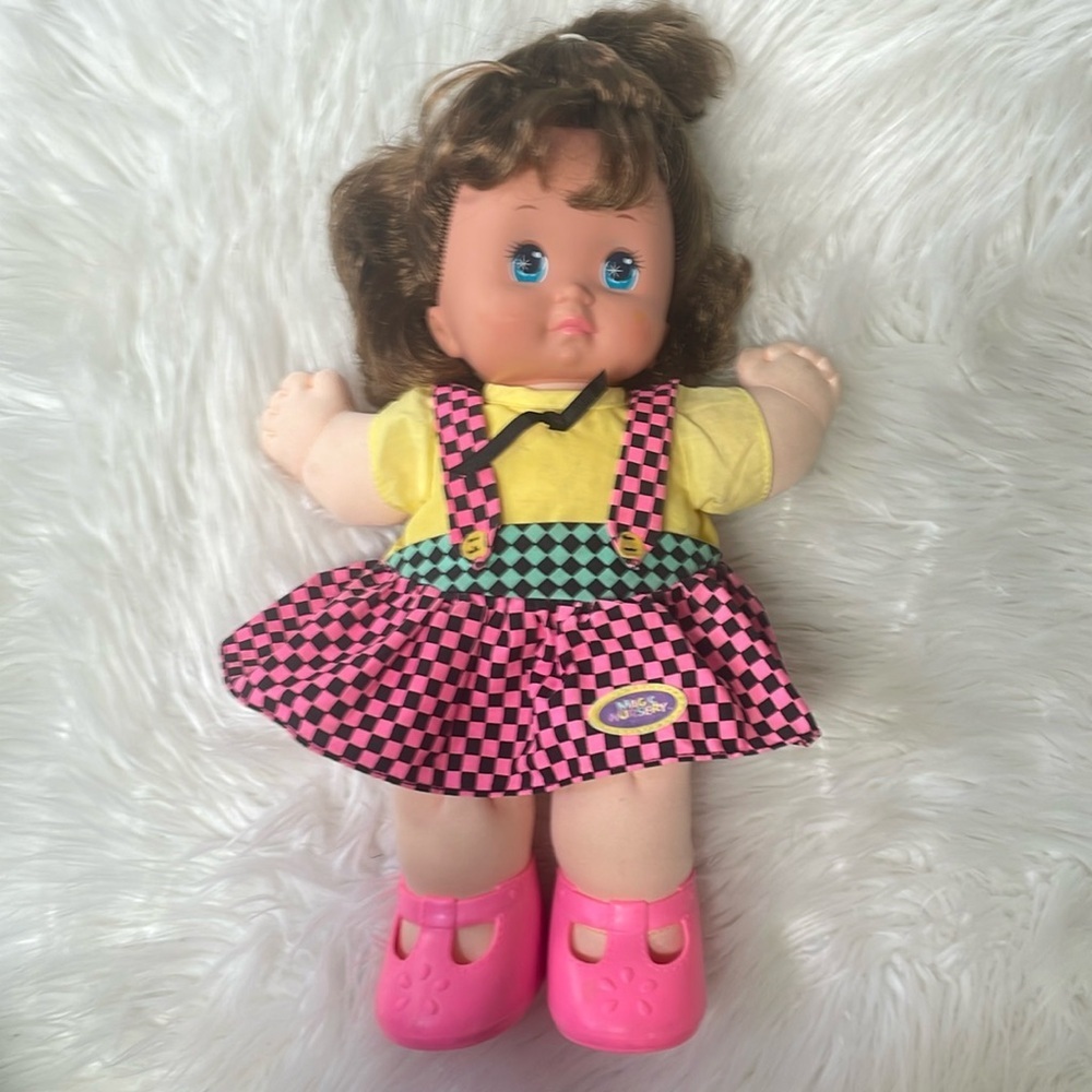 VTG 1989 Mattel Magic Nursery Doll Baby Doll Blue Eyes Brown Hair Dress & Shoes